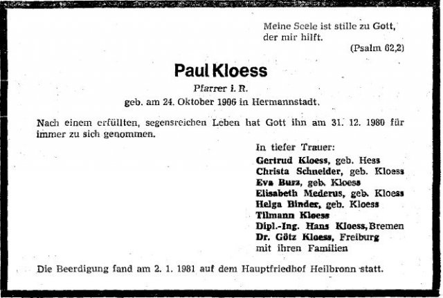 Kloess Paul 1906-1980 Todesanzeige